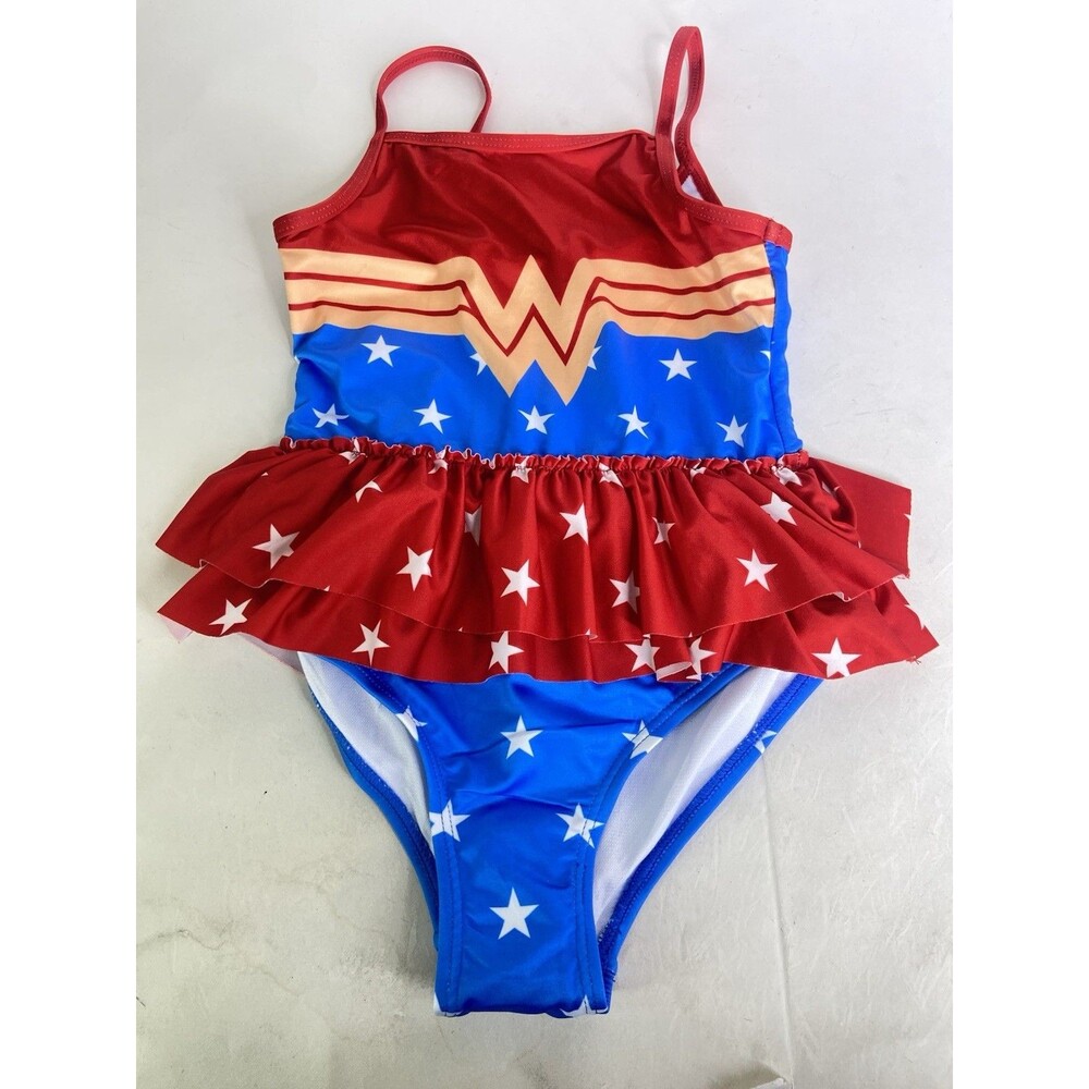 DC Comics Wonder Woman One Piece Ruffle Trim Swimsuit Swimwear Girls Size 6
